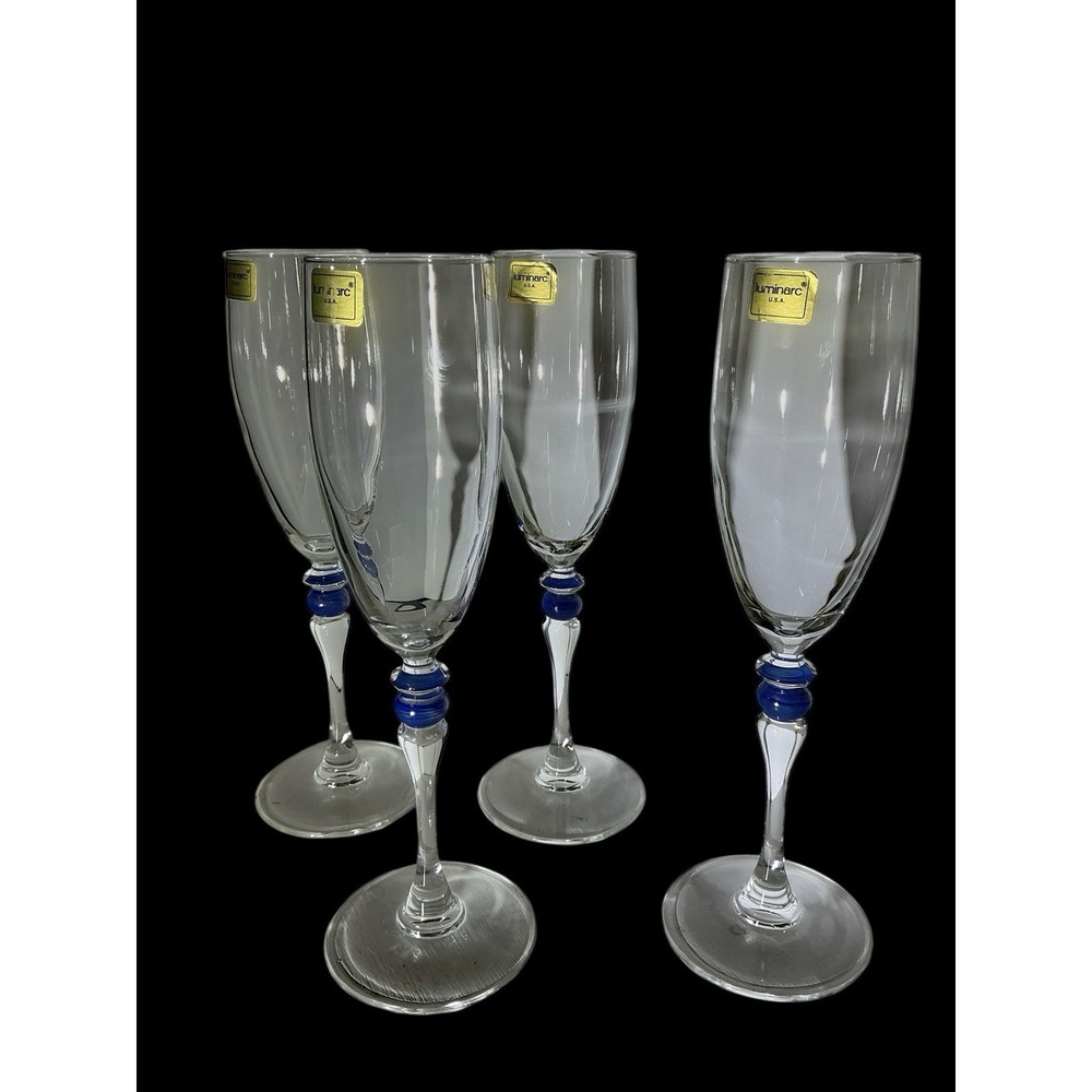 SET of 4 Vintage Luminarc Cartina Blue Marble France Champagne Glasses 8.5" H